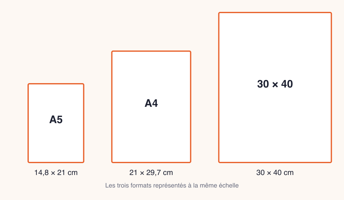 Comparaison à l’échelle des trois formats d’affiche : A5 (14,8 × 21 cm), A4 (21 × 29,7 cm) et 30 × 40 cm