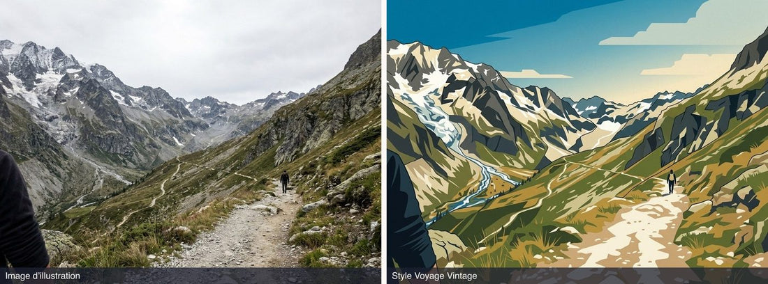 Avant et après : photo d’un randonneur minuscule au milieu d’un grand paysage de montagne à gauche, et à droite le rendu en style Voyage Vintage où il est à peine visible