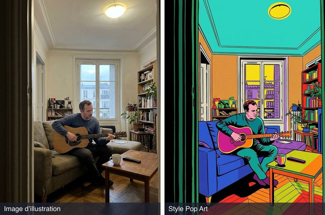 Avant et après : photo d’un homme qui joue de la guitare dans un salon à gauche, et à droite le rendu en style Pop Art