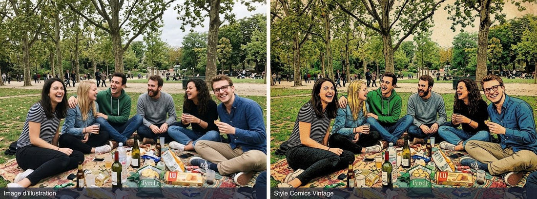 Avant et après : photo de six amis assis sur une couverture de pique-nique à gauche, et à droite le rendu en style Comics Vintage