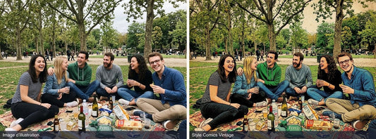 Avant et après : photo de six amis assis sur une couverture de pique-nique à gauche, et à droite le rendu en style Comics Vintage