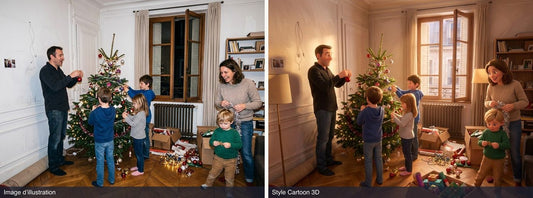 Avant et après : photo d’une famille de cinq personnes qui décore un sapin de Noël à gauche, et à droite le rendu en style Cartoon 3D