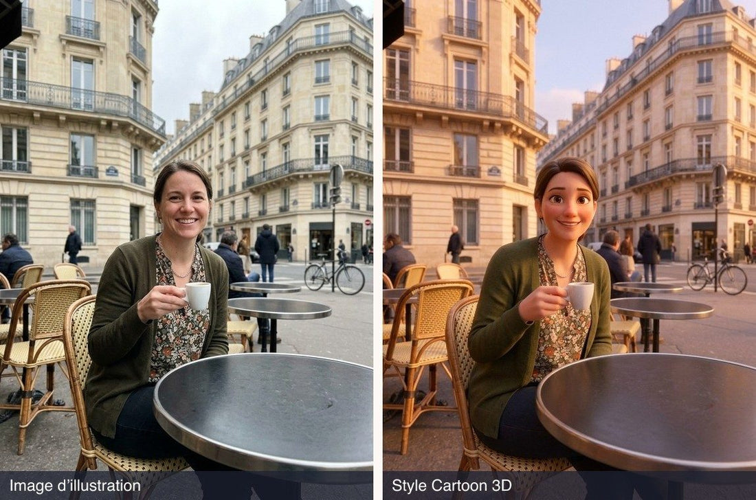 Avant et après : photo d’une femme sur une terrasse de café à gauche, et à droite le rendu en style Cartoon 3D