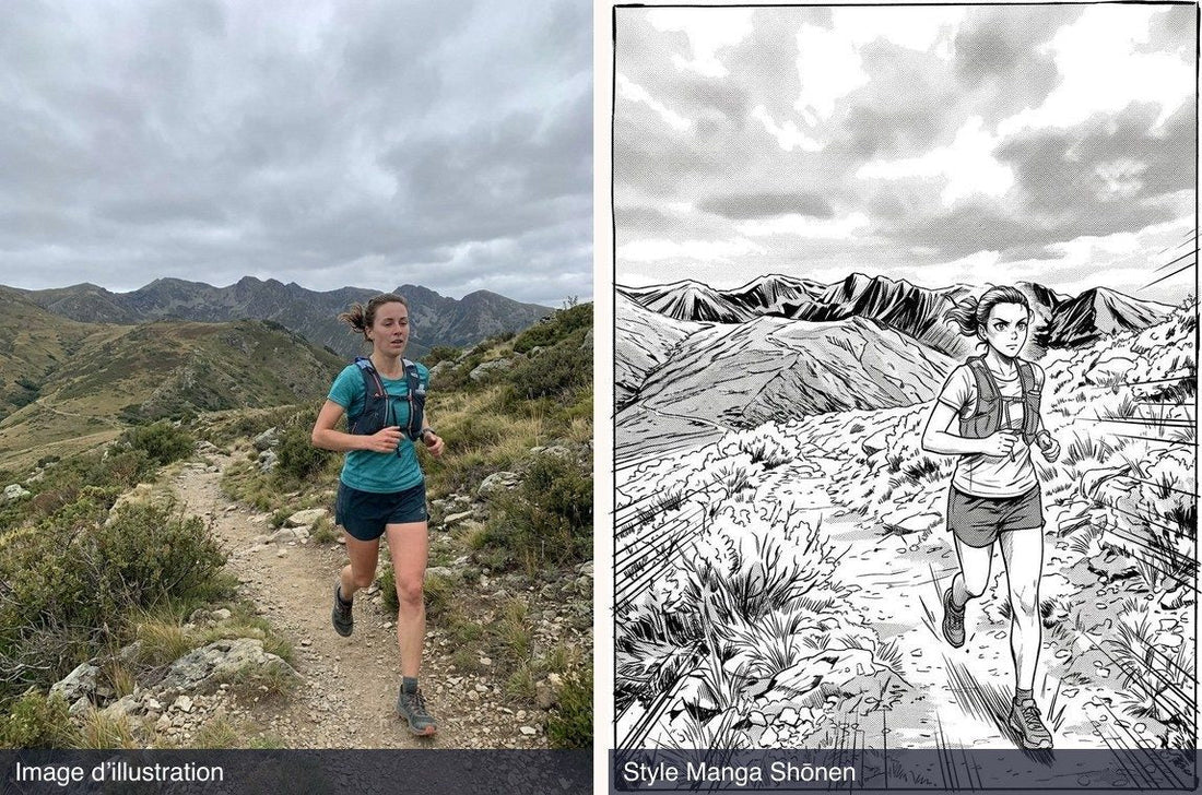 Avant et après : photo d’une coureuse de trail sur une crête au lever du soleil à gauche, et à droite le rendu en style Manga Shōnen en noir et blanc