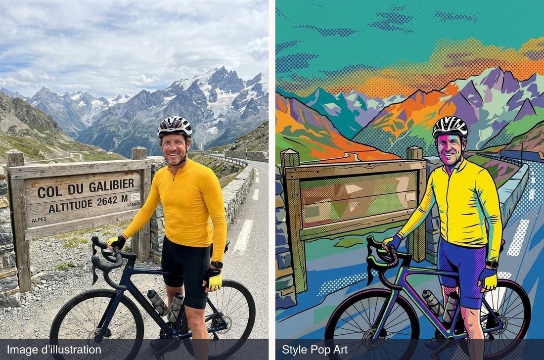 Avant et après : photo d’un cycliste à un col alpin à gauche, et à droite le rendu en style Pop Art
