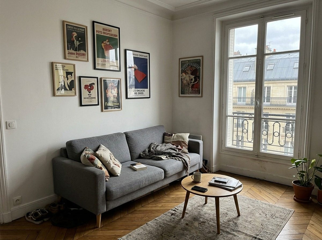 Salon lumineux avec une composition de cinq affiches de tailles différentes accrochées au-dessus d’un canapé
