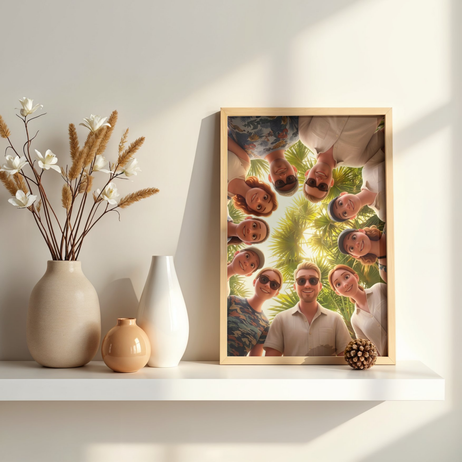 Étape 3 : l'affiche imprimée dans un cadre en bois clair, posée sur une étagère avec des vases et des fleurs séchées